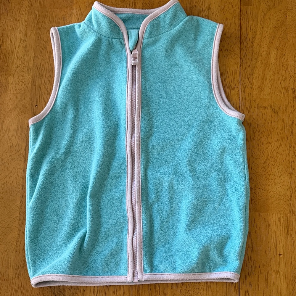 Carter’s Light Aqua Fleece Vest, Flowered Long Sleeve Top, Denim Leggings Outfit